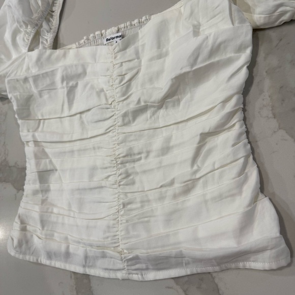 Reformation x Anthropologie Radish Puff Sleeve Ruched Top Womens 4 White ZipBack - Picture 7 of 13
